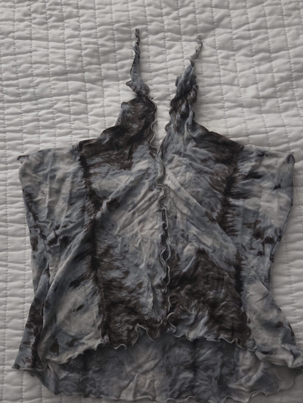 Tie-Dye Ruffle Cami Tank Top Crop - Gray, Blue, & White